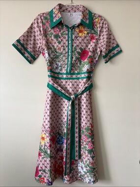 Vintage Beautiful Unique Floral Pink Midi Dress with Green Trim